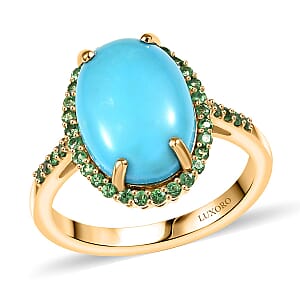 10K Yellow Gold  AA   Sleeping Beauty Turquoise ,  Tsavorite Garnet  Main Stone With Side Stone Ring ,  Gold Wt. 3.75 g 5.29 ctw
