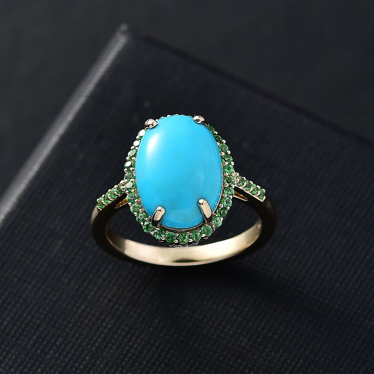 Luxoro Premium Sleeping Beauty Turquoise and Tsavorite Garnet 5.30 ctw Ring in 10K Yellow Gold (Size 8.0) image number 1