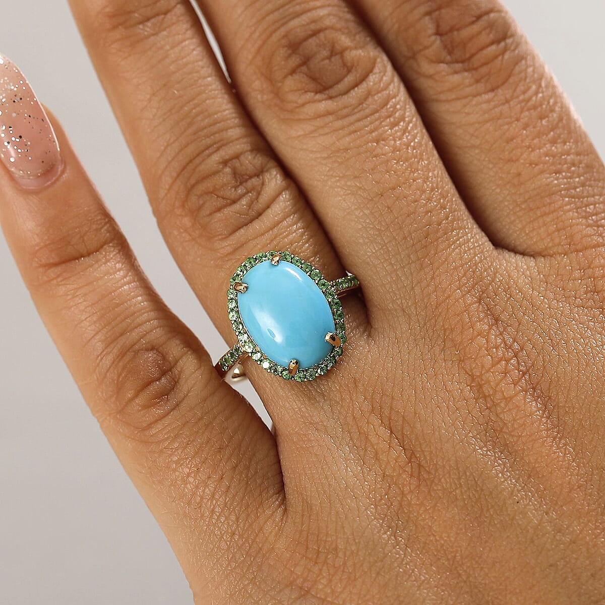 Luxoro Premium Sleeping Beauty Turquoise and Tsavorite Garnet 5.30 ctw Ring in 10K Yellow Gold (Size 8.0) image number 2