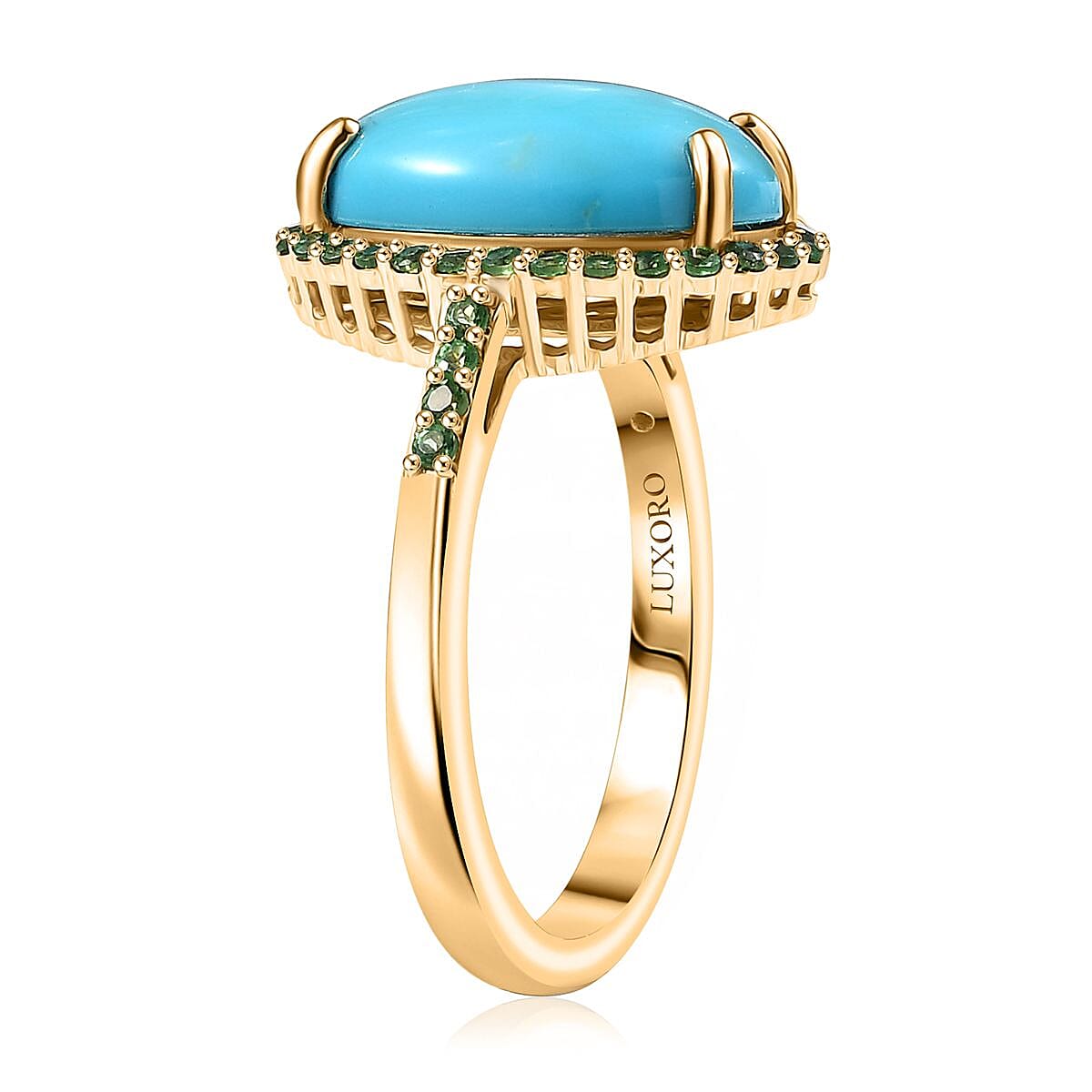 Luxoro Premium Sleeping Beauty Turquoise and Tsavorite Garnet 5.30 ctw Ring in 10K Yellow Gold (Size 8.0) image number 3