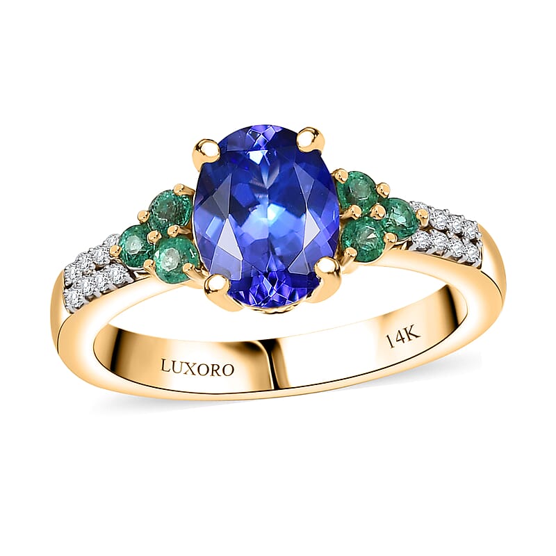 Luxoro AAA Tanzanite, Boyaca Colombian Emerald and Diamond I2 2.00 ctw Ring in 14K Yellow Gold (Size 7.0) 4.08 Grams