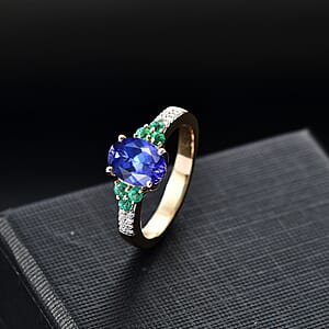 Luxoro AAA Tanzanite, Boyaca Colombian Emerald and Diamond I2 2.00 ctw Ring in 14K Yellow Gold (Size 7.0) 4.08 Grams