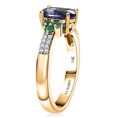 Luxoro AAA Tanzanite, Boyaca Colombian Emerald and Diamond I2 2.00 ctw Ring in 14K Yellow Gold (Size 7.0) 4.08 Grams