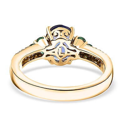 Luxoro AAA Tanzanite, Boyaca Colombian Emerald and Diamond I2 2.00 ctw Ring in 14K Yellow Gold (Size 7.0) 4.08 Grams
