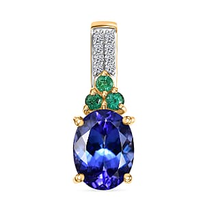 14K Yellow Gold  AAA   Tanzanite ,  Colombian Emerald ,  White Diamond  I2 Main Stone With Side Stone Pendant ,  Gold Wt. 1.3 g 1.78 ctw