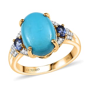 10K Yellow Gold  AA   Sleeping Beauty Turquoise ,  Tanzanite ,  White Diamond  I2 Main Stone With Side Stone Ring ,  Gold Wt. 3.5 g 5.20 ctw