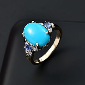 Luxoro Premium Sleeping Beauty Turquoise, Tanzanite and Diamond I2 6.25 ctw Ring in 10K Yellow Gold (Size 9.0) 4.50 Grams