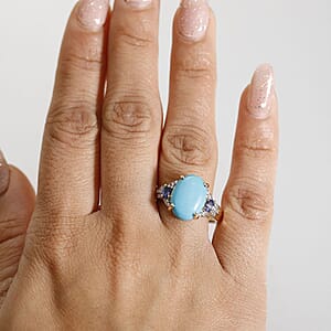 Luxoro Premium Sleeping Beauty Turquoise, Tanzanite and Diamond I2 6.25 ctw Ring in 10K Yellow Gold (Size 9.0) 4.50 Grams