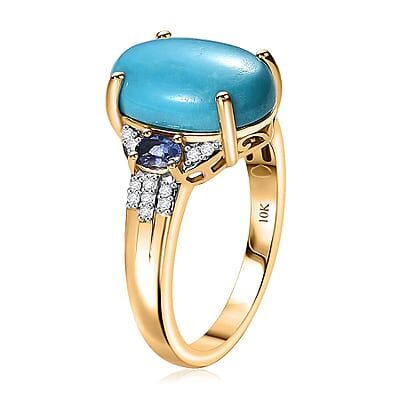 Luxoro Premium Sleeping Beauty Turquoise, Tanzanite and Diamond I2 6.25 ctw Ring in 10K Yellow Gold (Size 9.0) 4.50 Grams