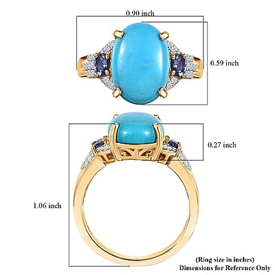 Luxoro Premium Sleeping Beauty Turquoise, Tanzanite and Diamond I2 6.25 ctw Ring in 10K Yellow Gold (Size 9.0) 4.50 Grams