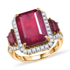 Niassa Ruby (FF) and White Zircon 13.70 ctw Halo of Passion Ring in 18K Vermeil Yellow Gold Over Sterling Silver (Size 8.0)