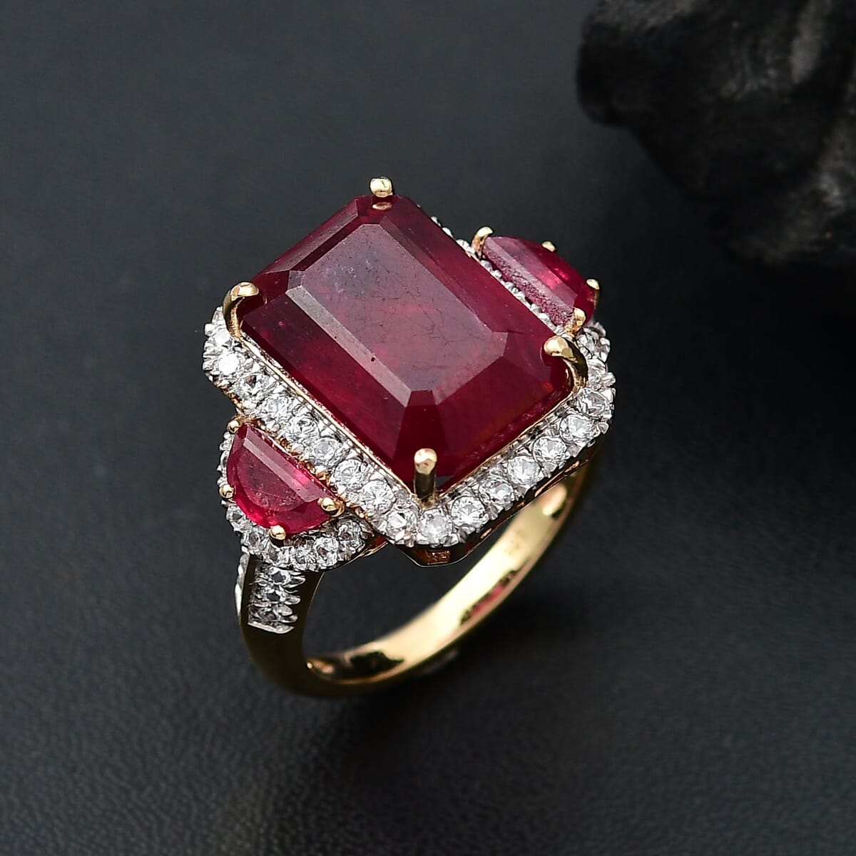Niassa Ruby (FF) and White Zircon 13.70 ctw Halo of Passion Ring in 18K Vermeil Yellow Gold Over Sterling Silver (Size 8.0) image number 1