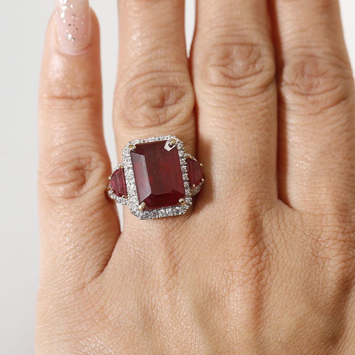 Niassa Ruby (FF) and White Zircon 13.70 ctw Halo of Passion Ring in 18K Vermeil Yellow Gold Over Sterling Silver (Size 8.0) image number 2
