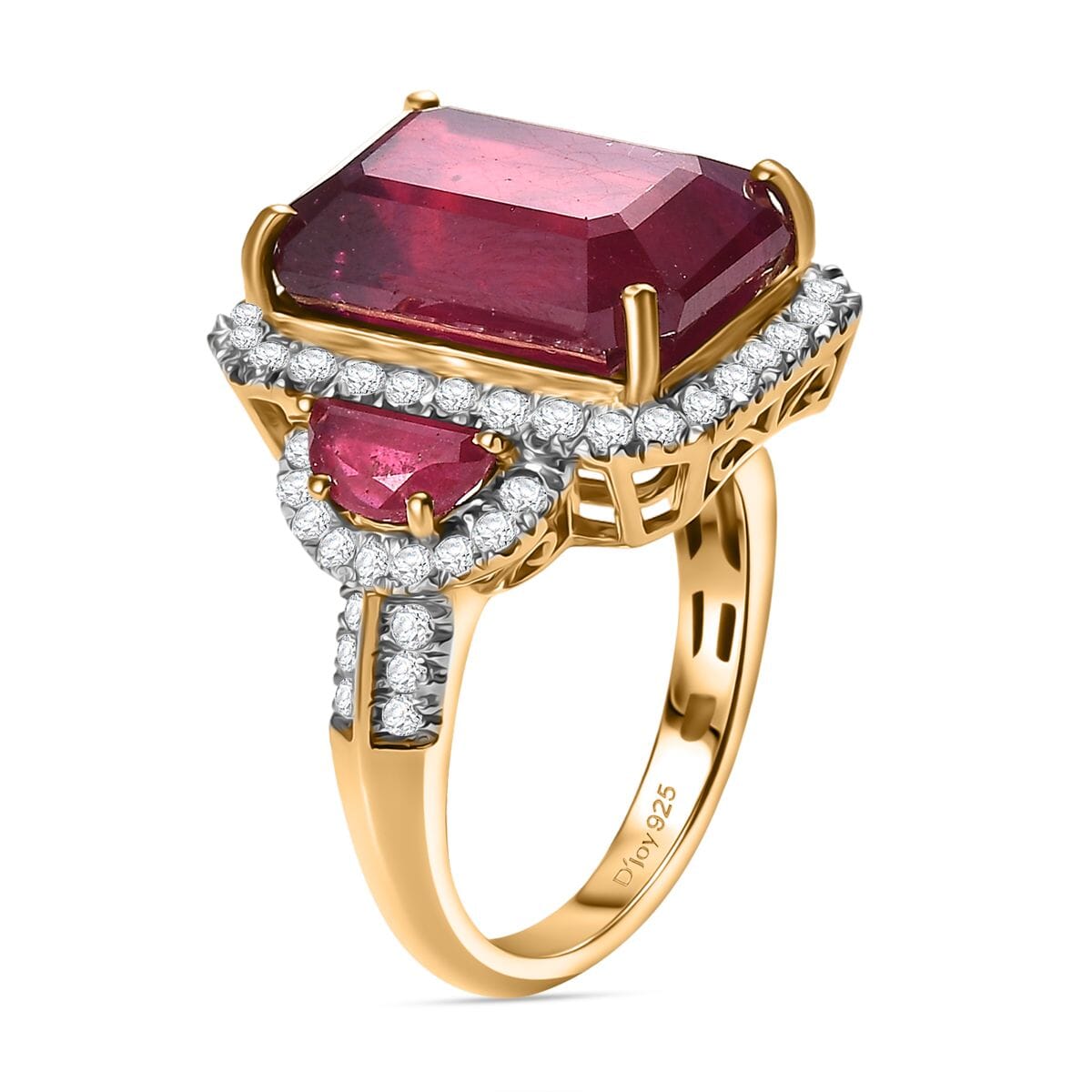 Niassa Ruby (FF) and White Zircon 13.70 ctw Halo of Passion Ring in 18K Vermeil Yellow Gold Over Sterling Silver (Size 8.0) image number 3
