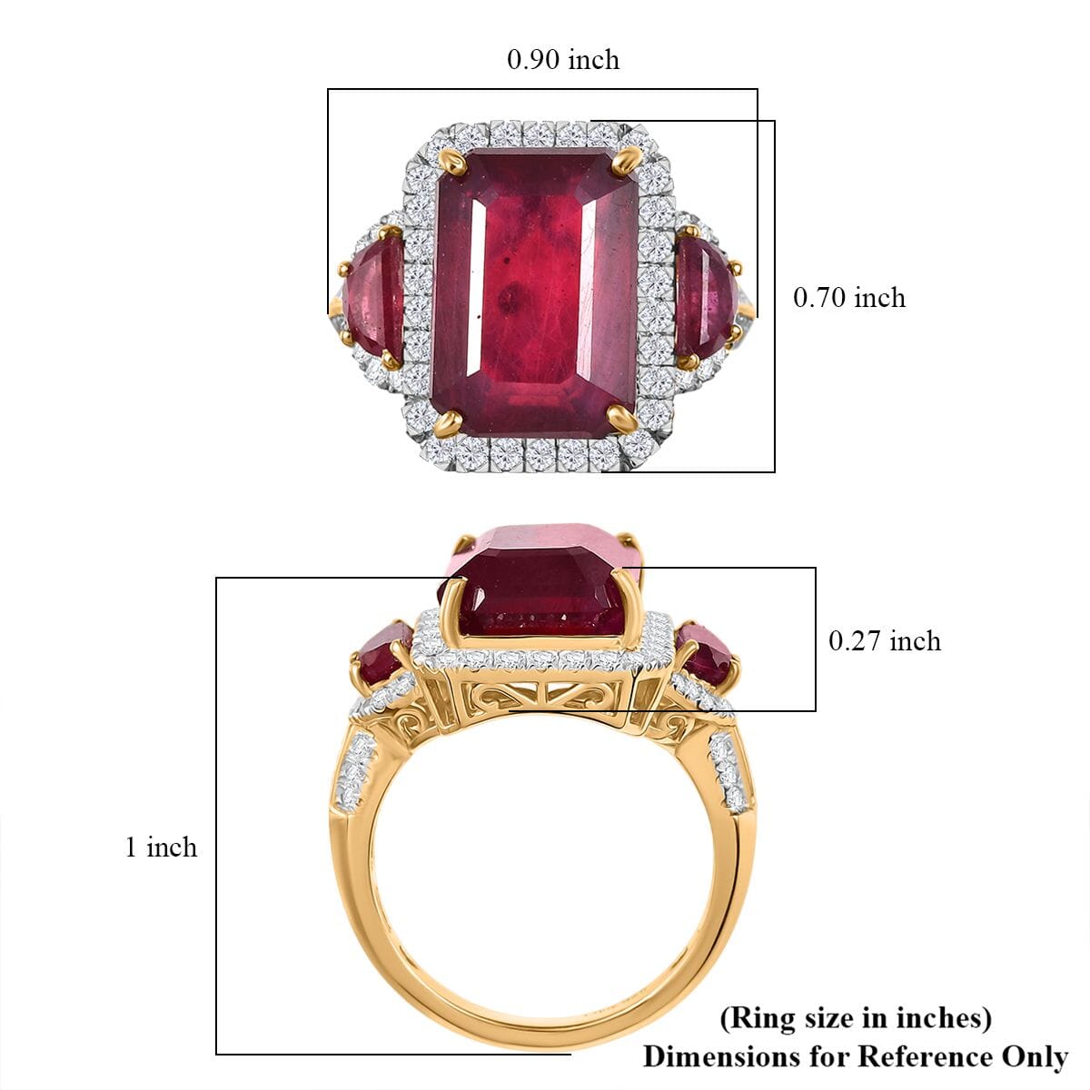 Niassa Ruby (FF) and White Zircon 13.70 ctw Halo of Passion Ring in 18K Vermeil Yellow Gold Over Sterling Silver (Size 8.0) image number 5