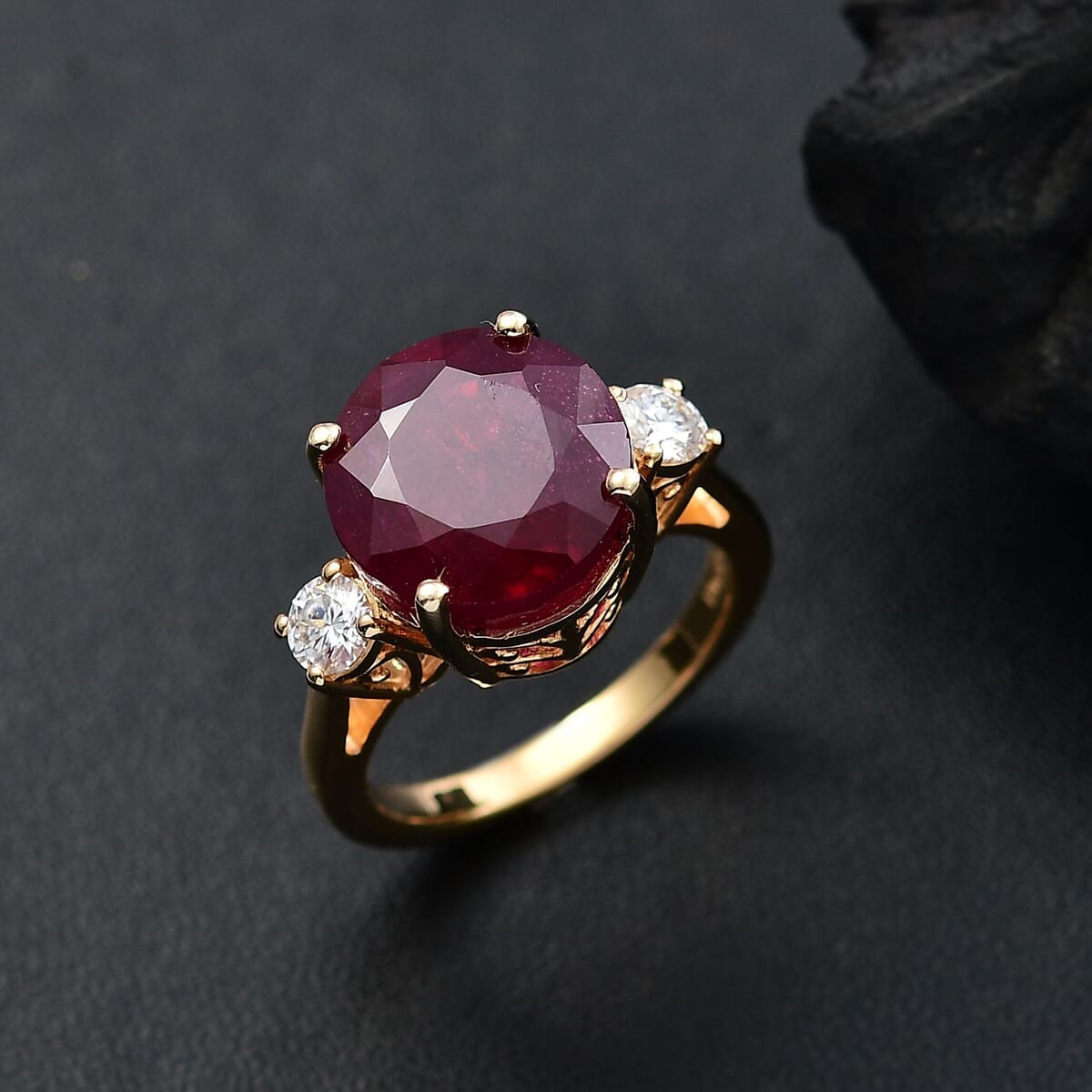 Niassa Ruby (FF) and Moissanite 10.90 ctw Crimson Grace Ring in 18K Vermeil Yellow Gold Over Sterling Silver (Size 7.0) image number 1