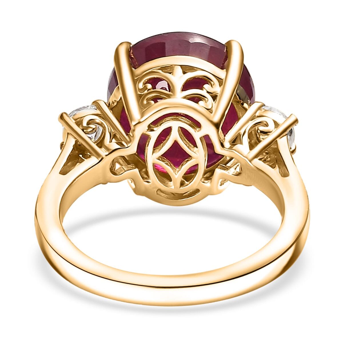 Niassa Ruby (FF) and Moissanite 10.90 ctw Crimson Grace Ring in 18K Vermeil Yellow Gold Over Sterling Silver (Size 7.0) image number 4