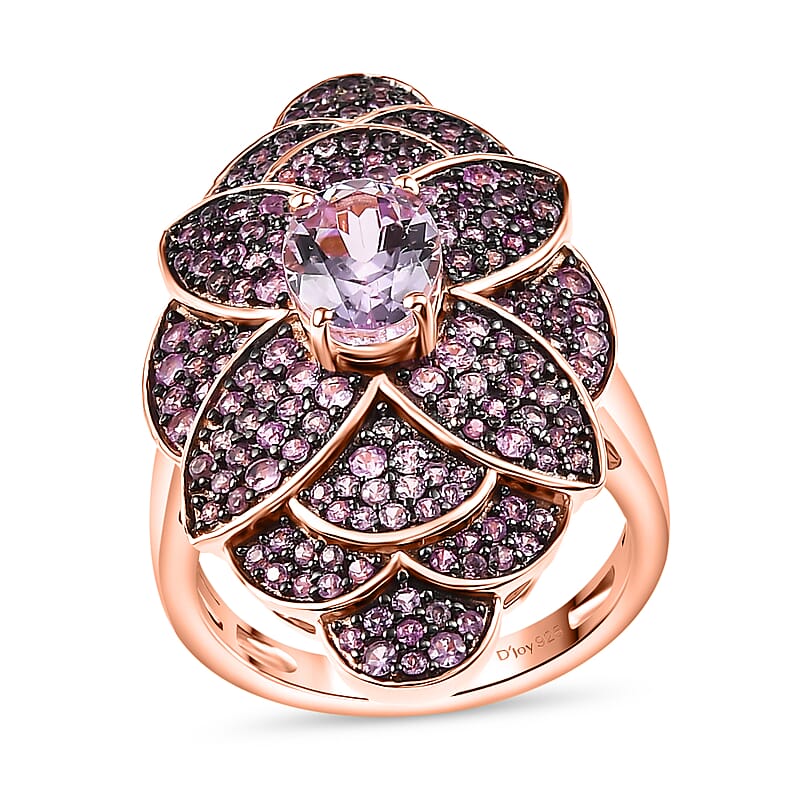 D'Joy Martha Rocha Kunzite, Madagascar Pink Sapphire Dahlia Floral Ring in 18K Vermeil RG Over Sterling Silver 3.80 ctw (Size 10.0)