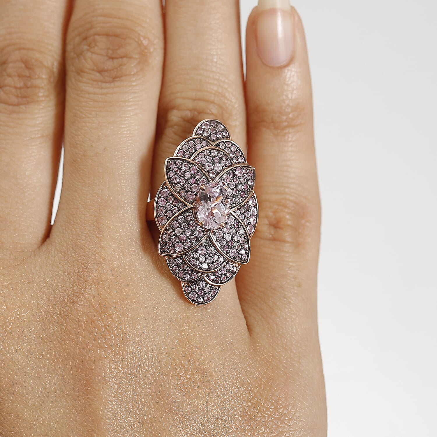 D'Joy Martha Rocha Kunzite, Madagascar Pink Sapphire Dahlia Floral Ring in 18K Vermeil RG Over Sterling Silver 3.80 ctw (Size 10.0)