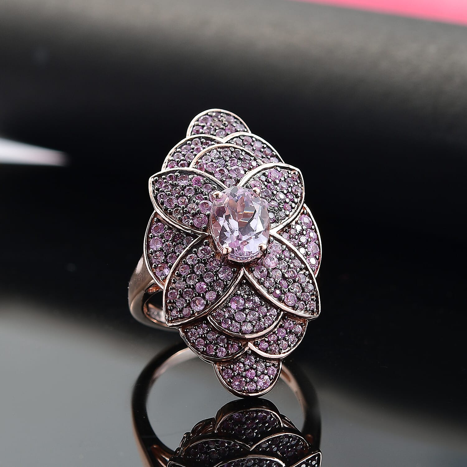 Premium Martha Rocha Kunzite, Madagascar Pink Sapphire Ring in 18K Vermeil RG Over Sterling Silver (Size 10.0) 3.80 ctw
