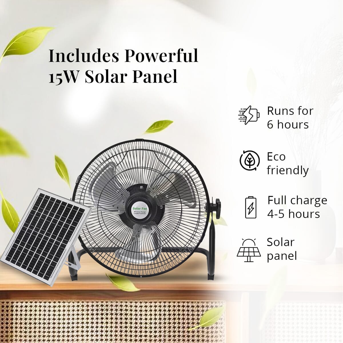 Solar Power 12 Fan, 15W Solar Panel, 15000mAh Battery, USB interface image number 2
