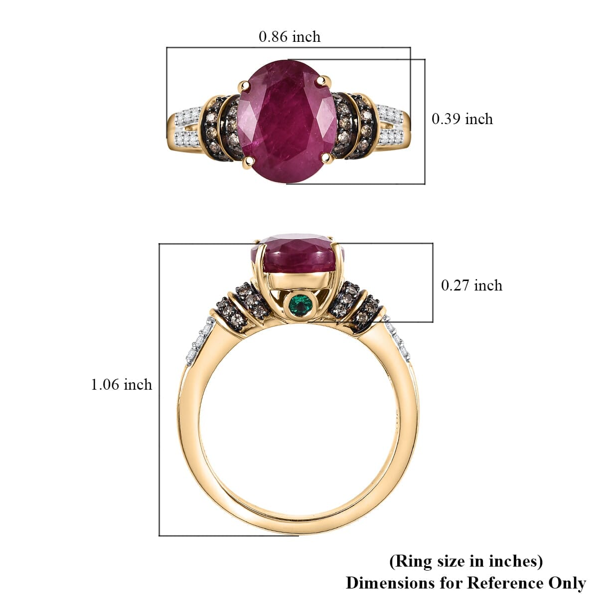 Luxoro 10K Yellow Gold AAA Montepuez Ruby, Boyaca Colombian Emerald, Natural Champagne and White Diamond (I2) (0.26 cts) Ring (Size 6.0) 4.76 ctw image number 5