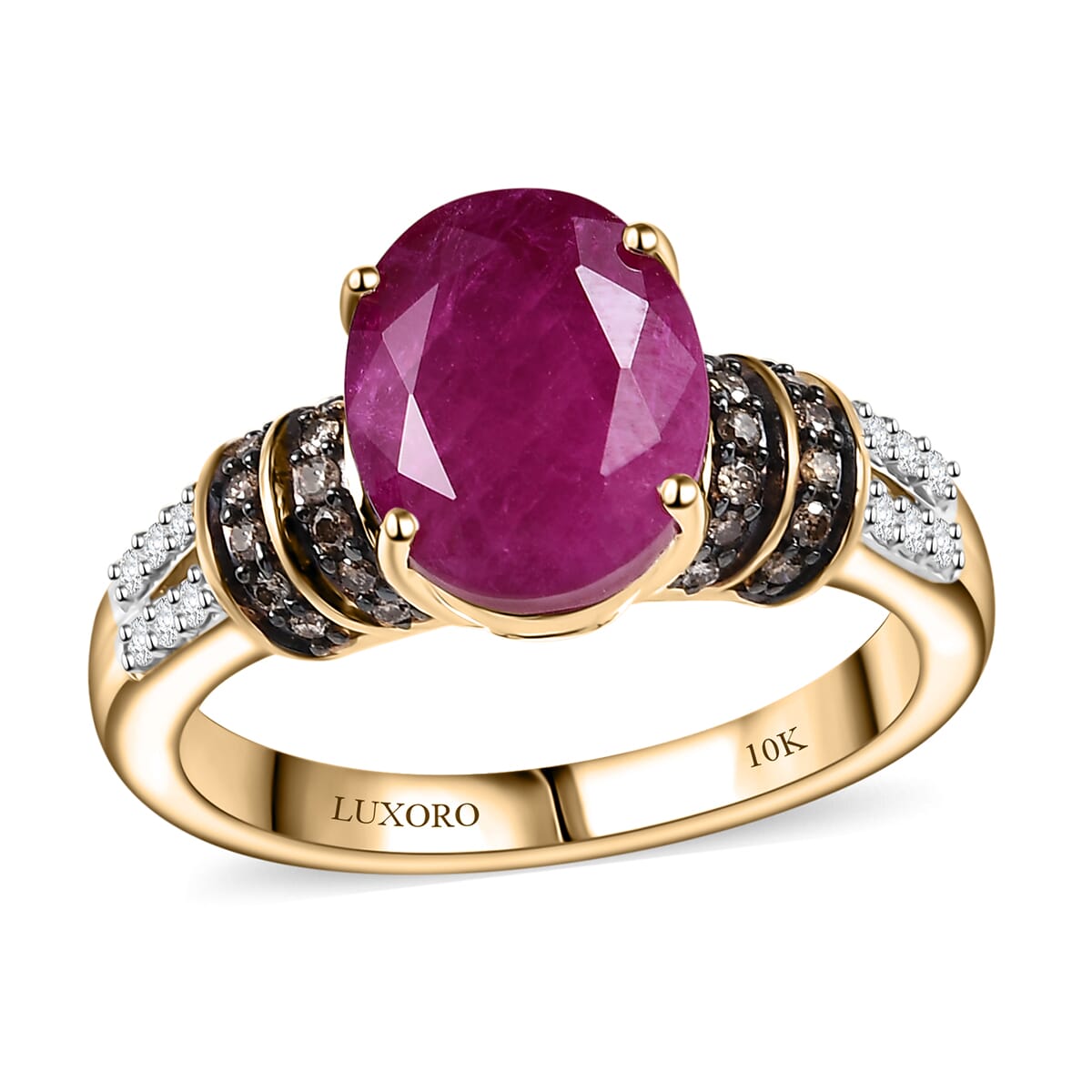 Luxoro AAA Montepuez Ruby, Boyaca Colombian Emerald, Natural Champagne and White Diamond I2 4.75 ctw Crimson Luxe Ring in 10K Yellow Gold (Size  9.0) image number 0