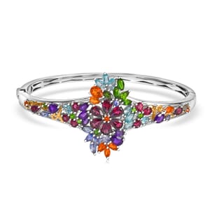 D'Joy Multi Gemstone 10 ctw Flowers Bouquet Bangle Bracelet in 18K Vermeil YG and Rhodium Over Sterling Silver (7.25 In)