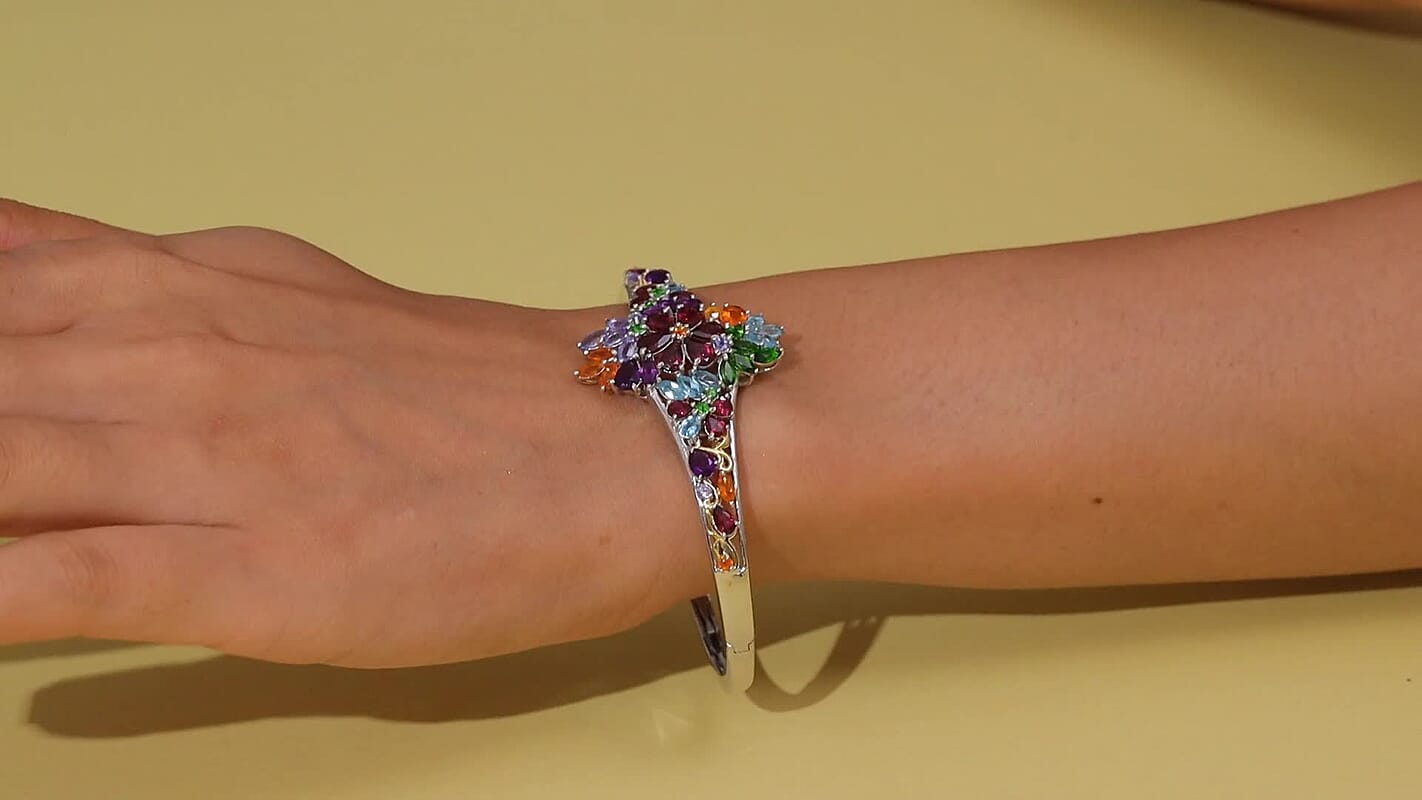 D'Joy African Amethyst, Multi Gemstone Bangle Bracelet in 18K Vermeil YG and Rhodium Over Sterling Silver (7.25 In) 10.00 ctw