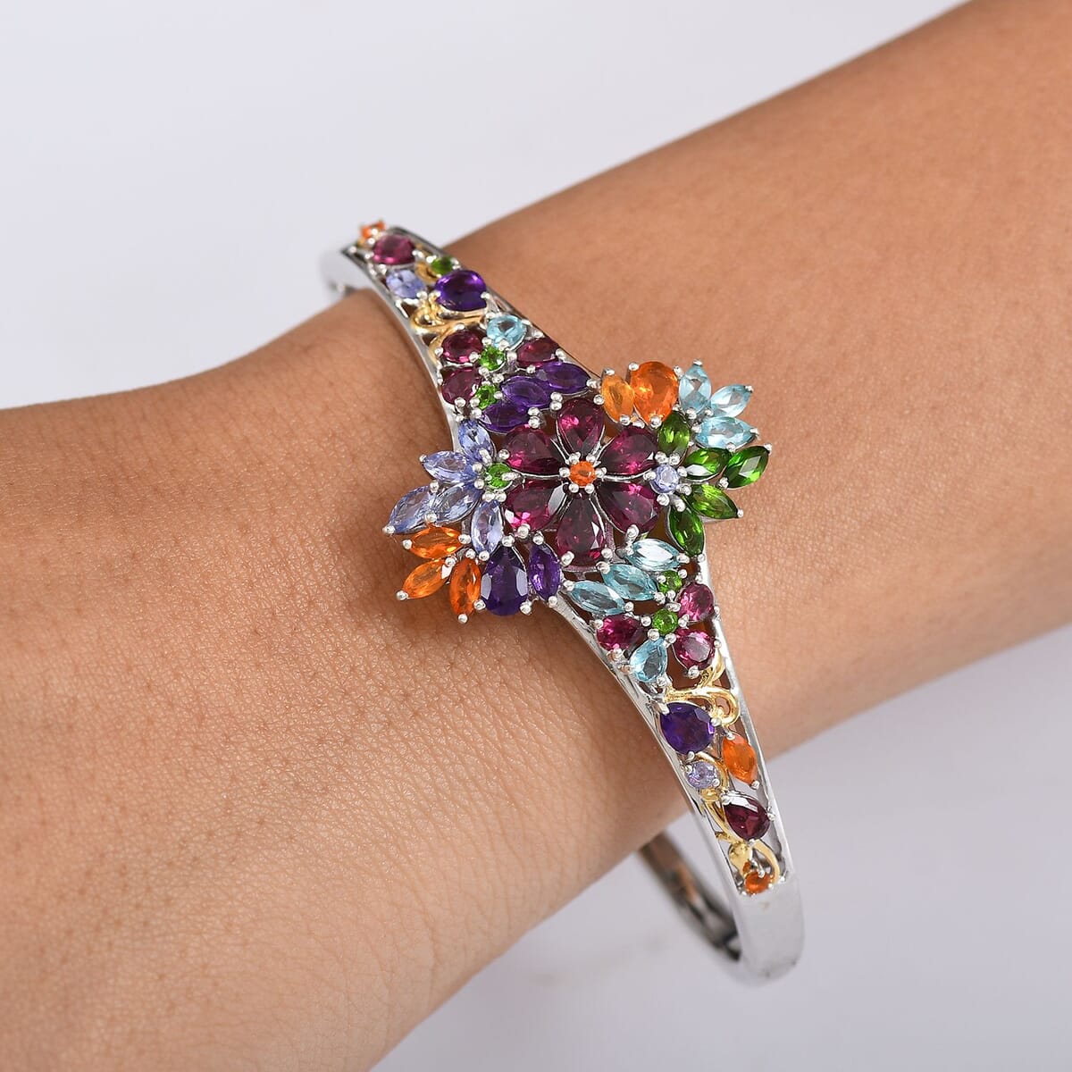 D'Joy Multi Gemstone 10 ctw Flowers Bouquet Bangle Bracelet in 18K Vermeil YG and Rhodium Over Sterling Silver (7.25 In) image number 2