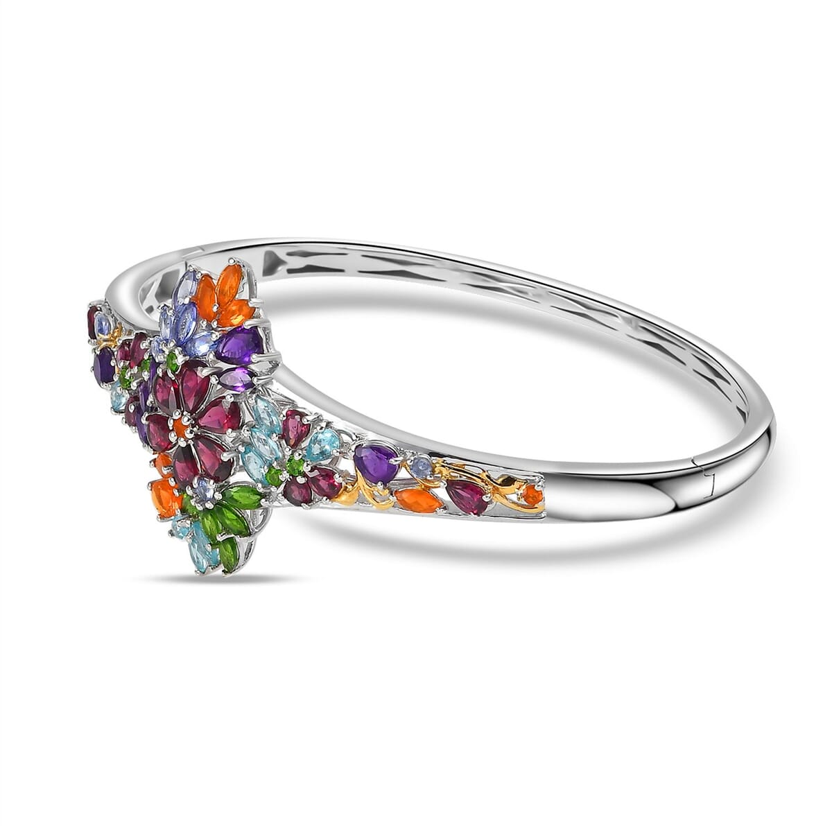 D'Joy Multi Gemstone 10 ctw Flowers Bouquet Bangle Bracelet in 18K Vermeil YG and Rhodium Over Sterling Silver (7.25 In) image number 3