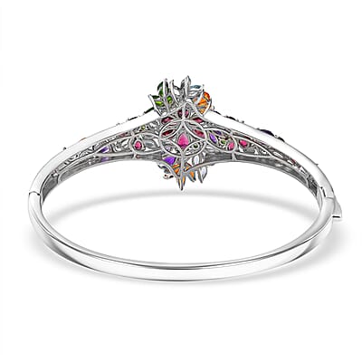 D'Joy Multi Gemstone 10 ctw Flowers Bouquet Bangle Bracelet in 18K Vermeil YG and Rhodium Over Sterling Silver (7.25 In)