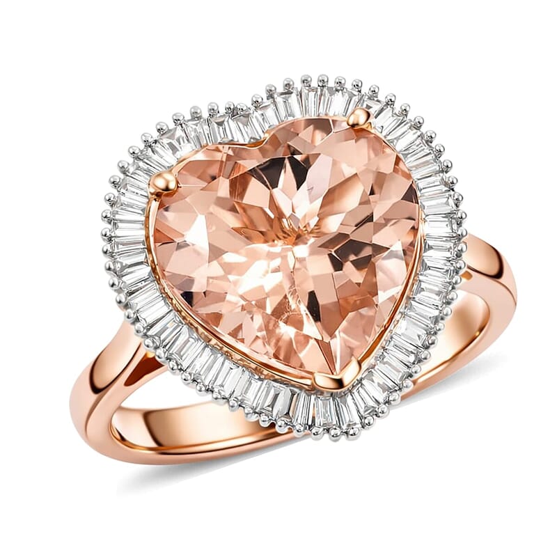 14K Rose Gold AAA Marropino Morganite, Diamond (G-H, I2) Heart Ring (Size 17.0) 5.40 ctw