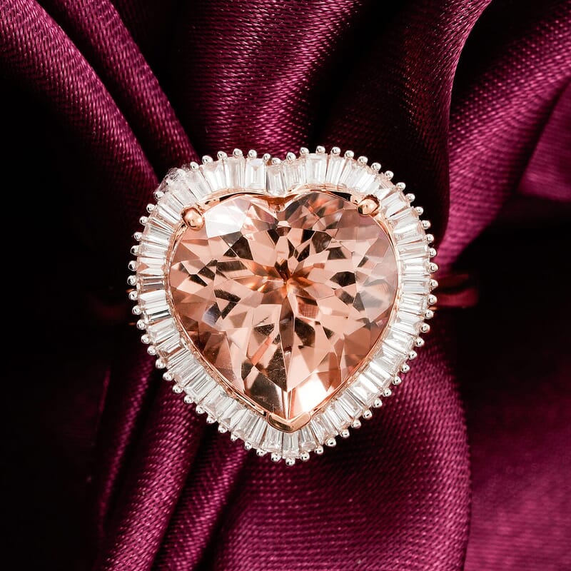 14K Rose Gold AAA Marropino Morganite, Diamond (G-H, I2) Heart Ring (Size 17.0) 5.40 ctw