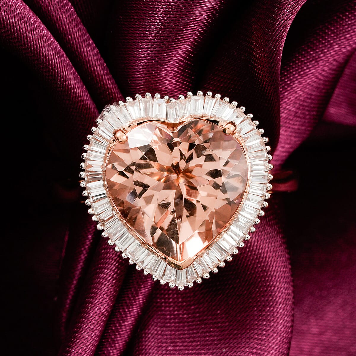 14K Rose Gold AAA Marropino Morganite, Diamond (G-H, I2) Heart Ring (Size 18.0) 5.40 ctw image number 1
