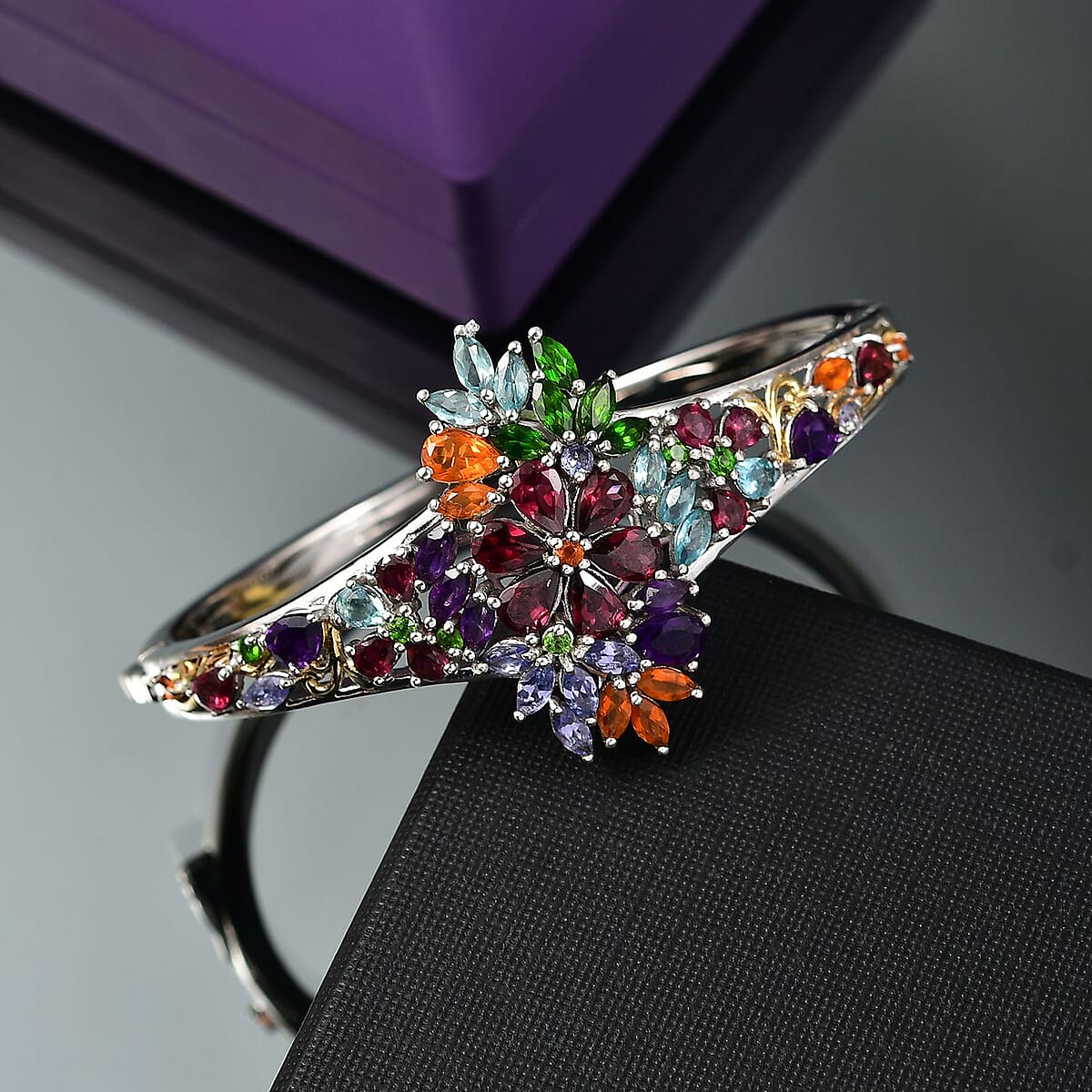 D'Joy Multi Gemstone 10.00 ctw Flowers Bouquet Bangle Bracelet in 18K Vermeil YG and Rhodium Over Sterling Silver (6.50 In) image number 1