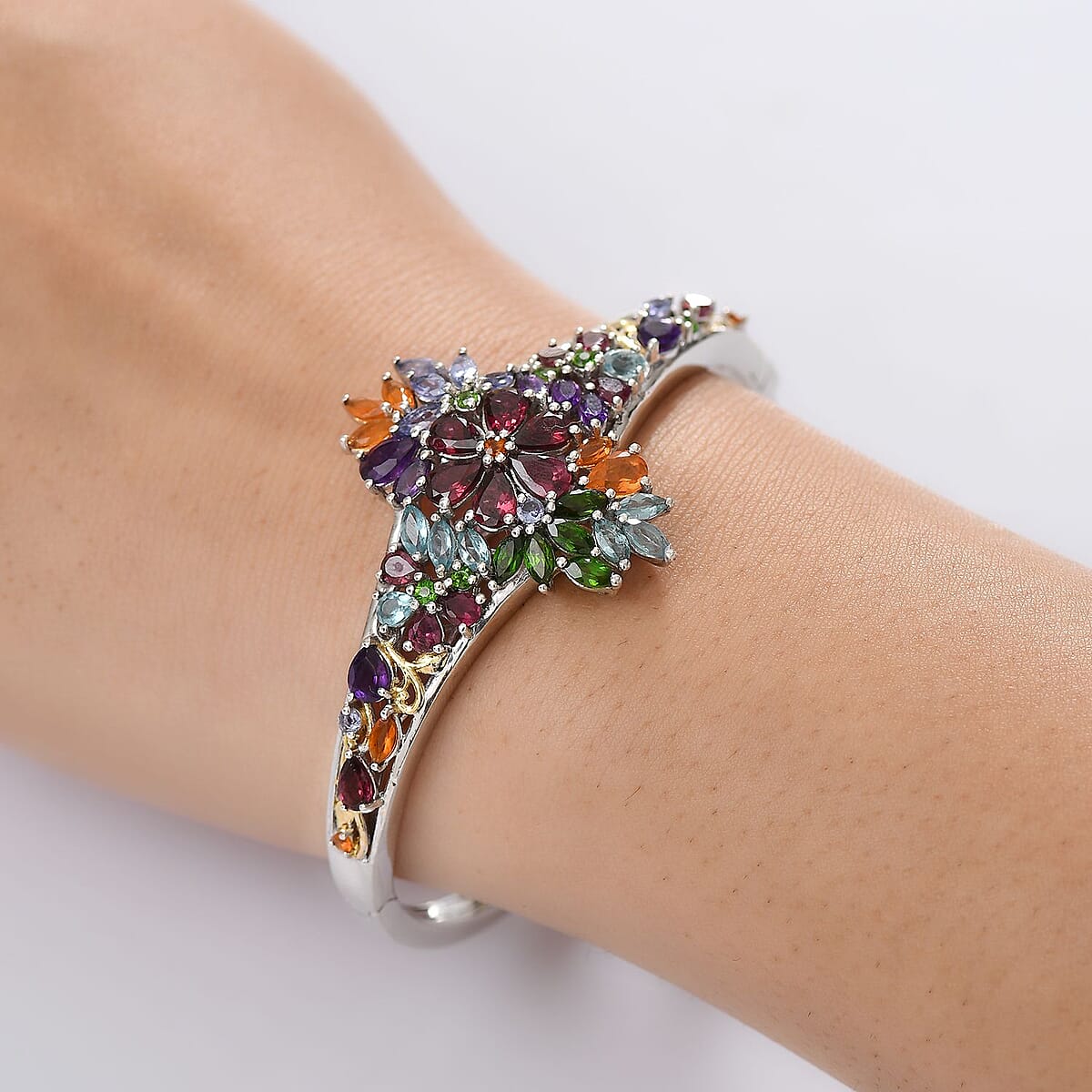D'Joy Multi Gemstone 10.00 ctw Flowers Bouquet Bangle Bracelet in 18K Vermeil YG and Rhodium Over Sterling Silver (6.50 In) image number 2