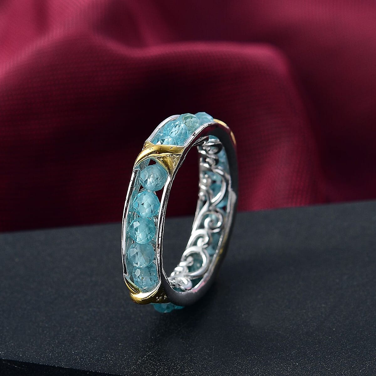 Karis Premium Blue Apatite 5.10 ctw XOXO Ring in 18K YG Plated and Platinum Bond (Size 5.0) image number 1