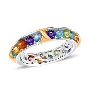 EverTrue Multi Gemstone 5.65 ctw Criss Cross Band Ring in 18K YG Plated and Platinum Bond (Size 11.0)