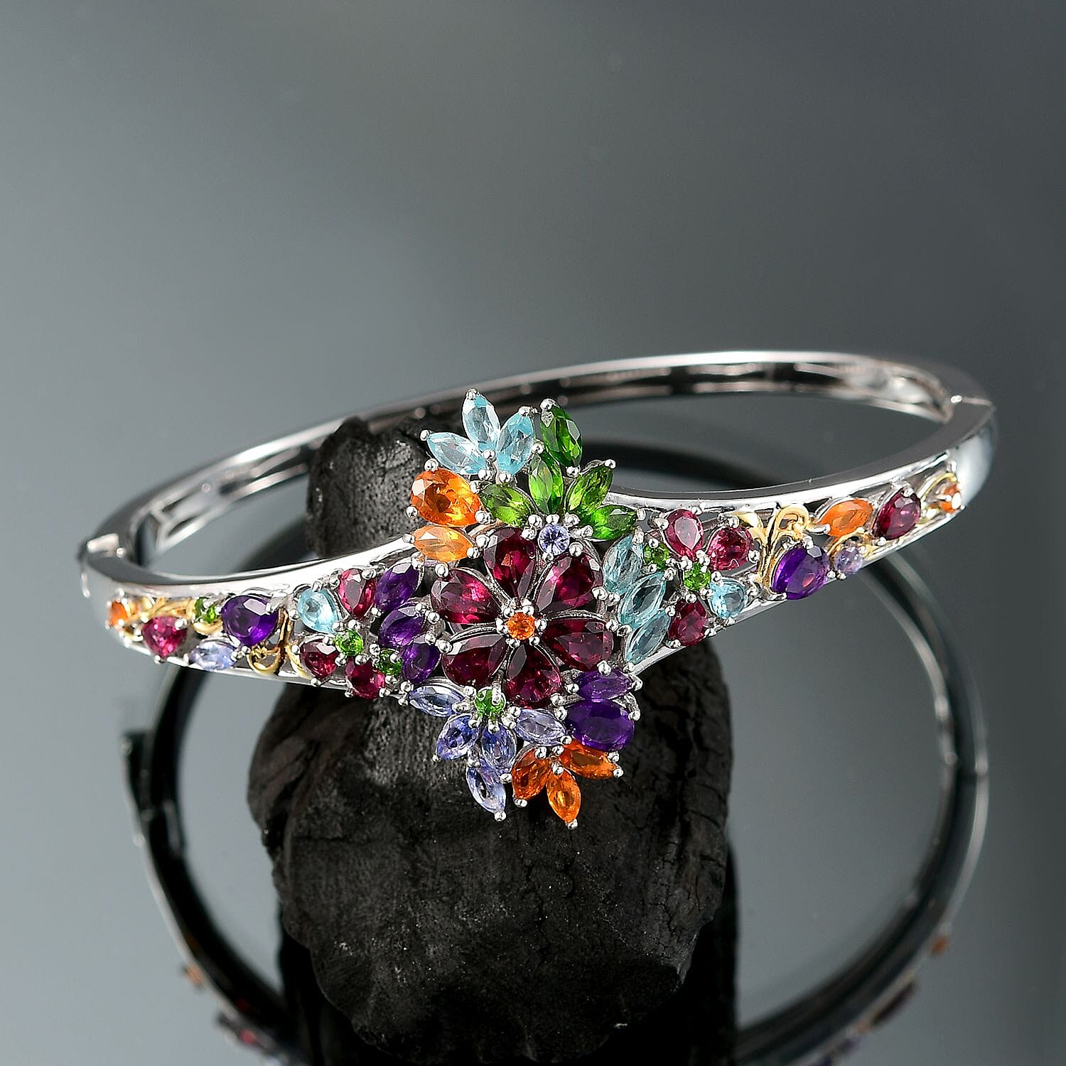 D'Joy Multi Gemstone 10.00 ctw Flowers Bouquet Bangle Bracelet in 18K Vermeil YG and Rhodium Over Sterling Silver (8.00 In) 