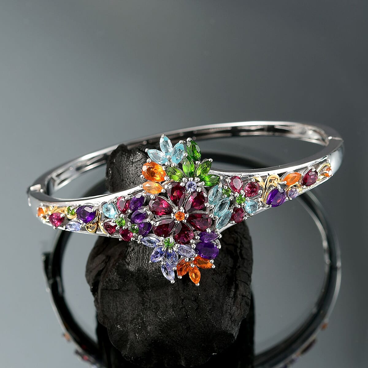 D'Joy Multi Gemstone 10.00 ctw Flowers Bouquet Bangle Bracelet in 18K Vermeil YG and Rhodium Over Sterling Silver (8.00 In)  image number 1