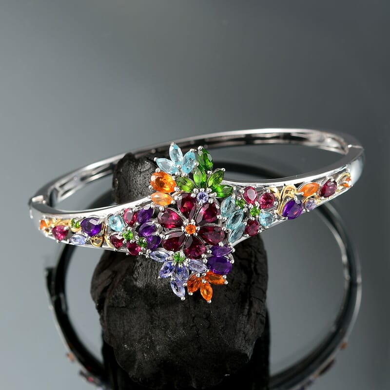 D'Joy Multi Gemstone 10.00 ctw Flowers Bouquet Bangle Bracelet in 18K Vermeil YG and Rhodium Over Sterling Silver (8.00 In) 