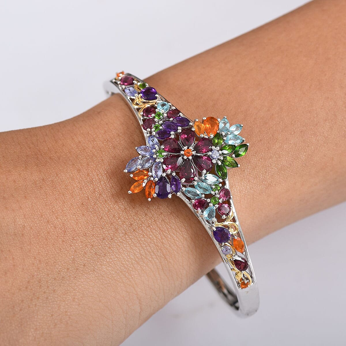 D'Joy Multi Gemstone 10.00 ctw Flowers Bouquet Bangle Bracelet in 18K Vermeil YG and Rhodium Over Sterling Silver (8.00 In)  image number 2