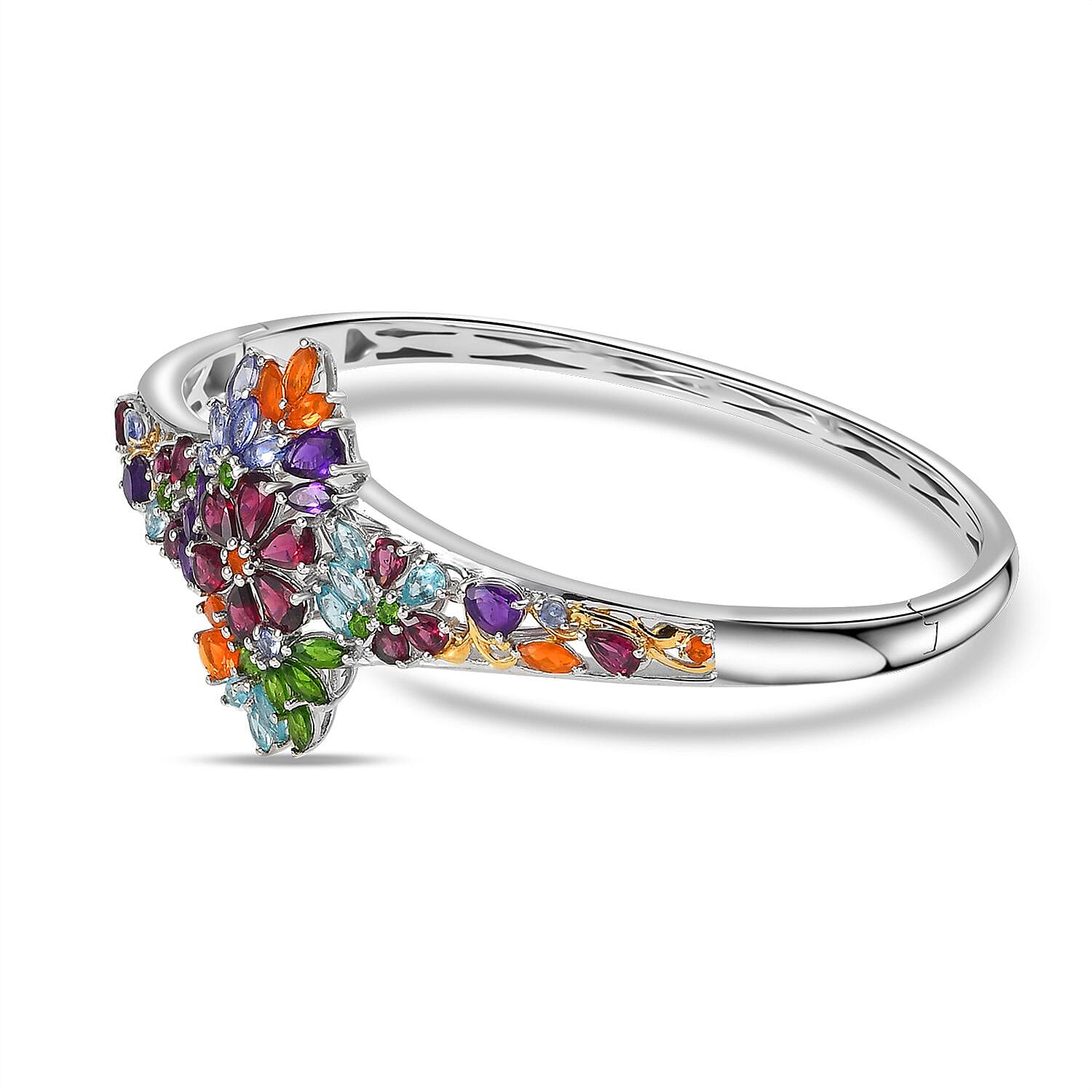 D'Joy Multi Gemstone 10.00 ctw Flowers Bouquet Bangle Bracelet in 18K Vermeil YG and Rhodium Over Sterling Silver (8.00 In) 
