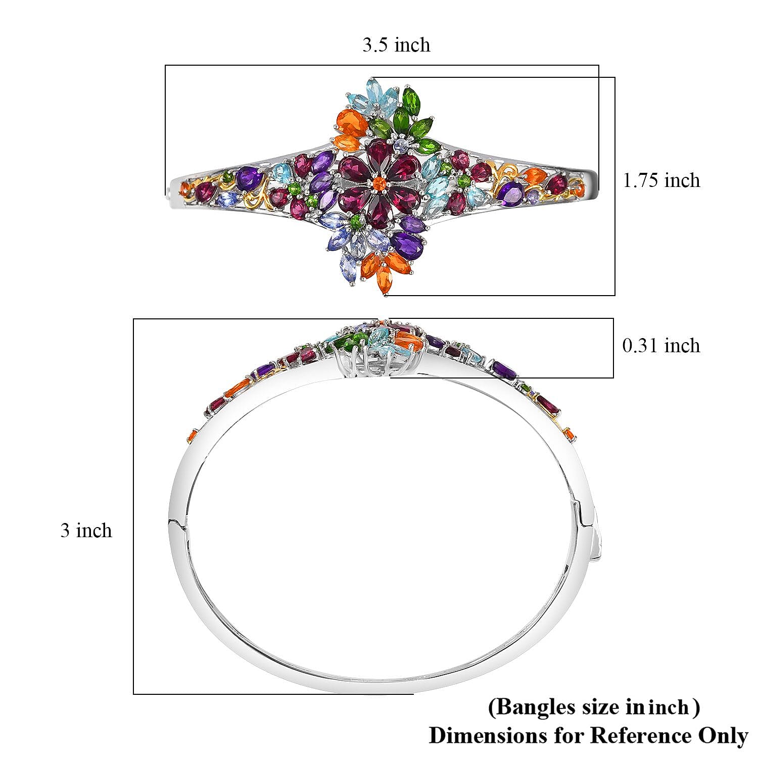 D'Joy Multi Gemstone 10.00 ctw Flowers Bouquet Bangle Bracelet in 18K Vermeil YG and Rhodium Over Sterling Silver (8.00 In) 