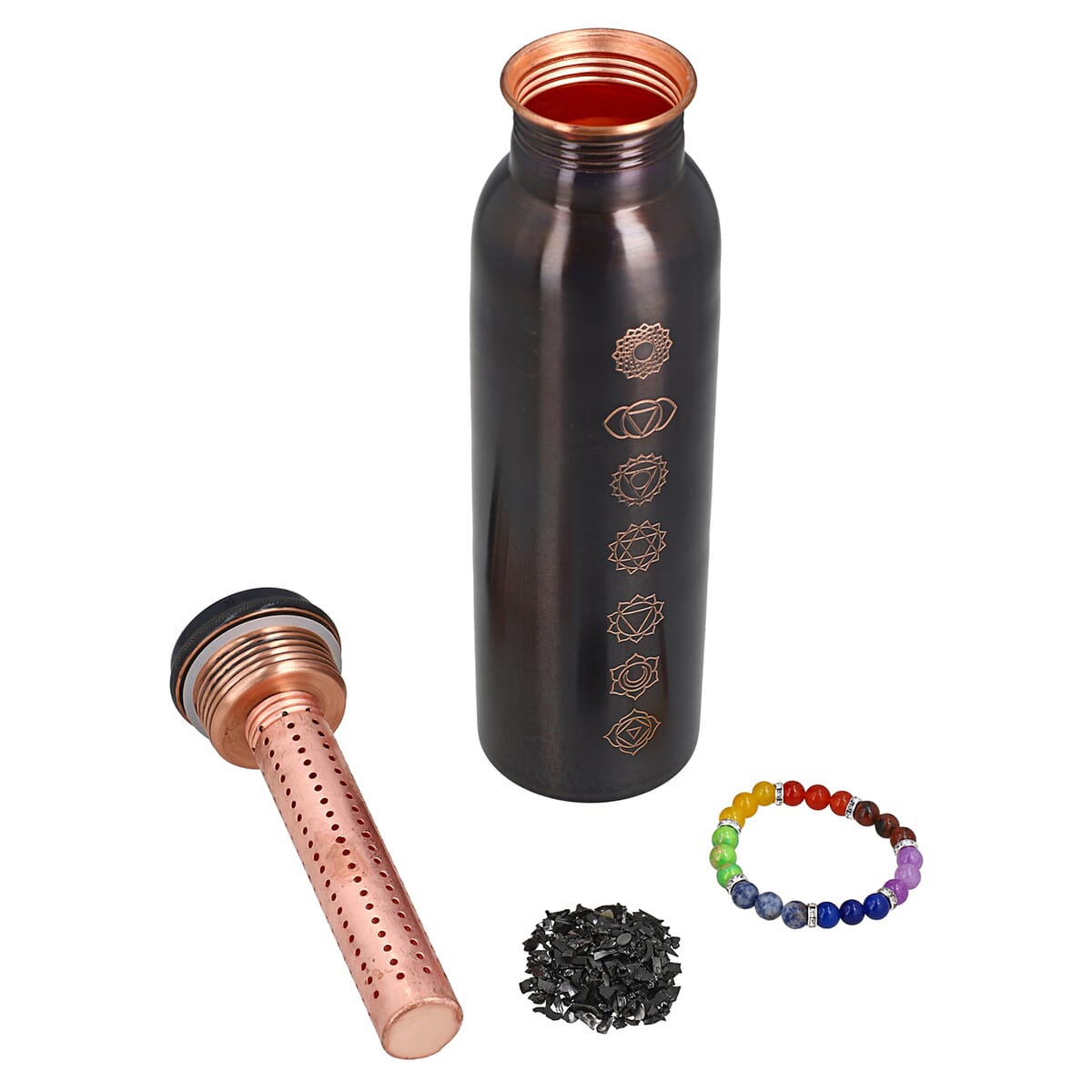 Brown Copper Infused Bottle 32oz with Shungite Infuser and Seven Chakra Beaded Stretch Bracelet Multi Color image number 0