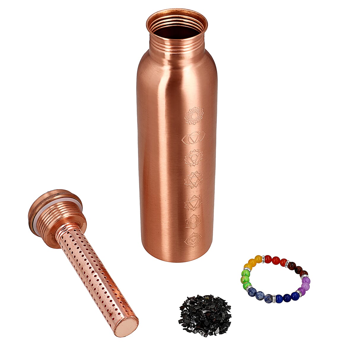 Bronze Copper Infused Bottle 32oz with Shungite Infuser and Seven Chakra Beaded Stretch Bracelet image number 0