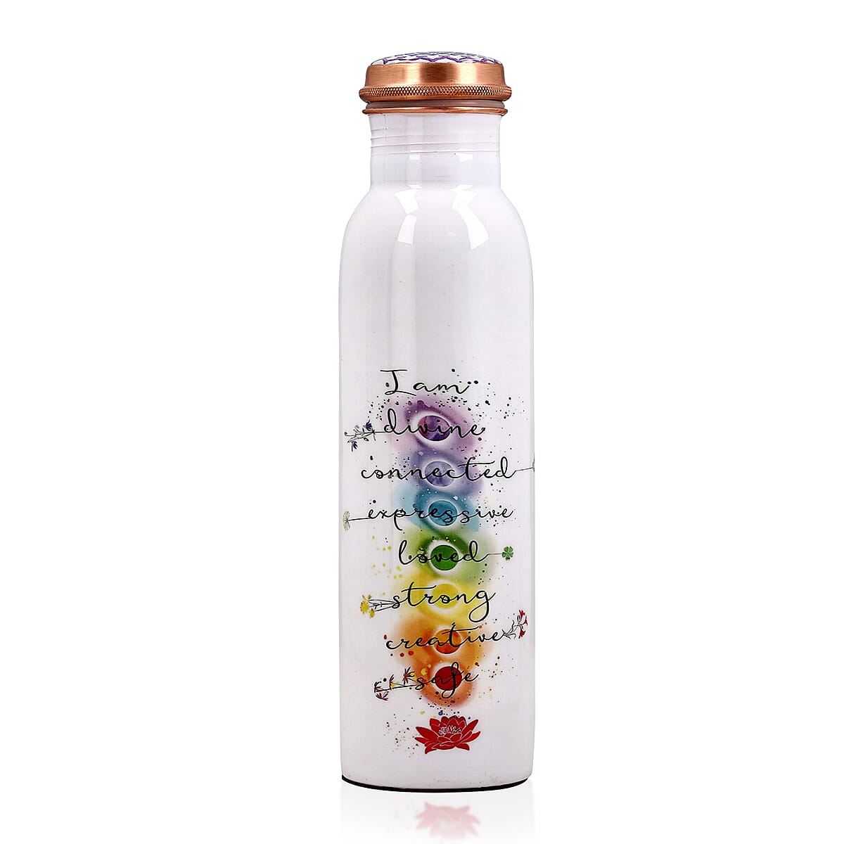 Multi Color Printed Copper Infused Bottle 32oz with Shungite Infuser and Seven Chakra Beaded Stretch Bracelet image number 1