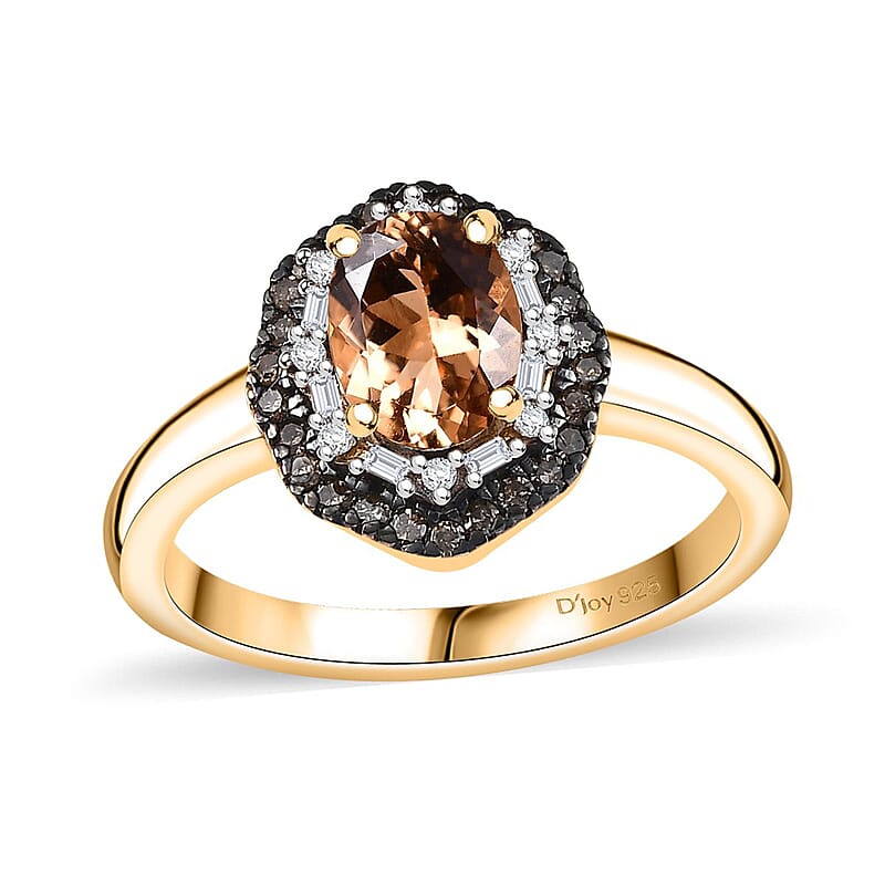 D'Joy Premium Calabar Imperial Tourmaline, Natural Champagne Diamond and White Diamond 1.60 ctw Midnight Glow Ring in 18K Vermeil Yellow Gold Over Sterling Silver (Size 10.0)