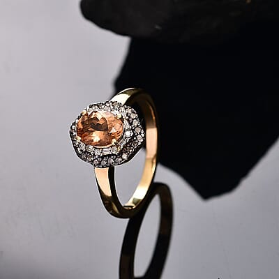 D'Joy Premium Calabar Imperial Tourmaline, Natural Champagne Diamond and White Diamond 1.60 ctw Midnight Glow Ring in 18K Vermeil Yellow Gold Over Sterling Silver (Size 10.0)
